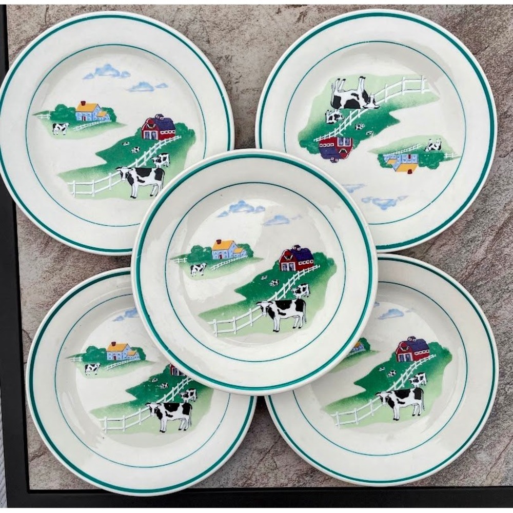 Century Stoneware Fannie's Farm   Salad Plates Set of 5 Cow Barn Green Rim 7.5